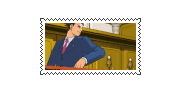a postage stamp with a man in a suit and tie pointing at something