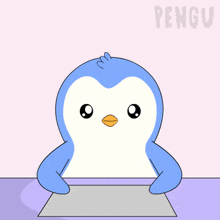 a penguin holding a piece of paper with the word pengu on the bottom right