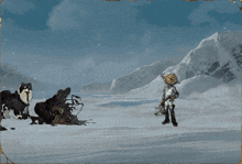 a cartoon character is standing in the snow with a globe on his head