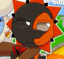 a cartoon sun with a half black and half orange face is looking at the camera .