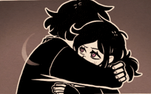 a black and white drawing of two people hugging