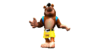 a cartoon bear wearing yellow shorts and a blue shirt
