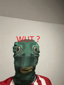 a person wearing a fish mask has the word wut written on their face