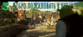 shrek is standing in front of a village with the words " добро пожаловать в чат " on the bottom right