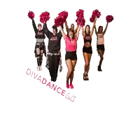 a group of cheerleaders are jumping in the air with their pom poms in the air and divadance written on the bottom left