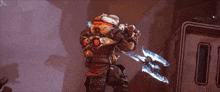 a video game character with a beard is holding a pair of swords