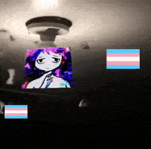a drawing of a girl with purple hair is surrounded by a pink and blue transgender flag