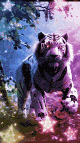 a white tiger with a robotic suit on is walking through a purple forest .