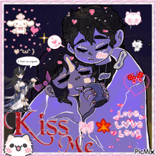 a cartoon drawing of a man kissing a woman with the words kiss me written on the bottom
