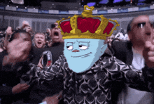 a cartoon character wearing a crown is surrounded by a crowd