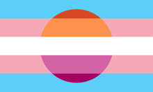 a blue and pink flag with a white stripe and an orange circle in the middle