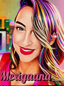 a cartoon drawing of a woman with colorful hair and the name mexigaana