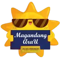 a sun holding a sign that says magandang arau