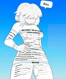 a cartoon drawing of a girl with a speech bubble saying boo