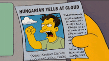 a cartoon character is holding a paper that says ' hungarian yells at cloud ' on it