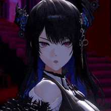 a girl with long black hair and red eyes is wearing a white shirt