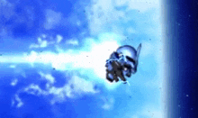 a robot is flying through the air with a light coming out of its mouth .