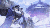 a drawing of a man in a purple coat holding a gun