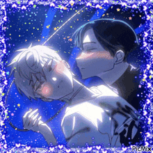 a couple of anime characters are kissing under a starry night sky .
