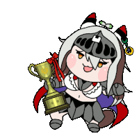 a cartoon of a girl holding a trophy with the letter l on her head