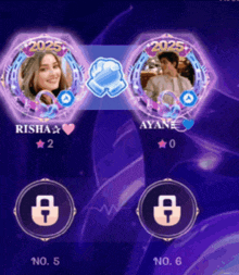 a screenshot of a video game shows a girl named risha and a man named ayane