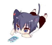 a cartoon character with a cat ear is laying down with a cell phone