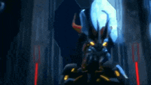 a cartoon character is flying through the air in a dark room with a blue light coming out of it .
