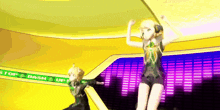 two anime characters are dancing in front of a sign that says stop and dash up