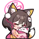 a cartoon girl with fox ears is holding a fox .