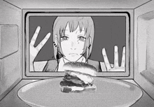 a black and white drawing of a woman looking at a hamburger in a microwave .