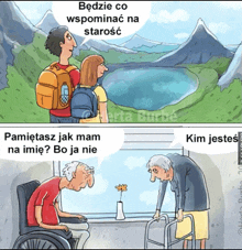 a cartoon of a man in a wheelchair and an older woman with a walker