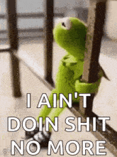 kermit the frog is sitting on a railing holding onto a railing .