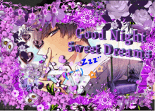 a good night sweet dreams greeting card with purple flowers and hearts