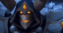 a video game character with horns and a hood has orange eyes