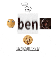 a picture of a potato a cookie a soldier and the word ben on a white background