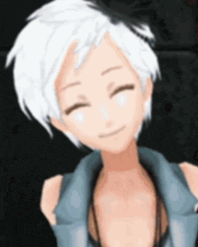 a cartoon character with white hair and a blue vest is smiling