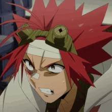 a close up of a cartoon character with red hair and a bandage on his head