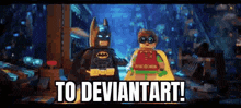 a lego batman and robin standing next to each other with the words `` to deviantart '' written on the bottom .
