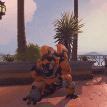 a video game character is kneeling on the ground with a palm tree in the background