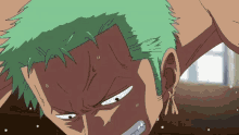 a close up of a cartoon character with green hair and earrings .