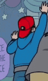 a cartoon of a man wearing a red hat and a blue shirt