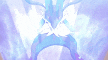 a blue and white pokemon is standing in front of a purple and blue background .
