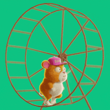 a hamster wearing a pink hat with the word run on it is running on a ferris wheel