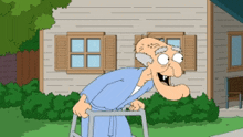 a cartoon of an old man using a walker in front of a house
