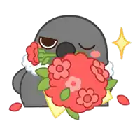 an illustration of a bird holding a bouquet of red flowers