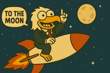 a cartoon of an eagle flying on a rocket with a speech bubble that says to the moon