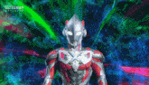 a cartoon character from the ultraman series is standing in front of a green light