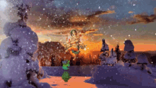 a painting of a snowy landscape with a christmas tree in the foreground