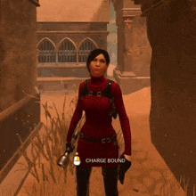 a woman in a red dress is holding a flashlight and the word charge bound is on the bottom of the screen