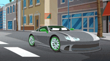 a cartoon car is driving down a city street